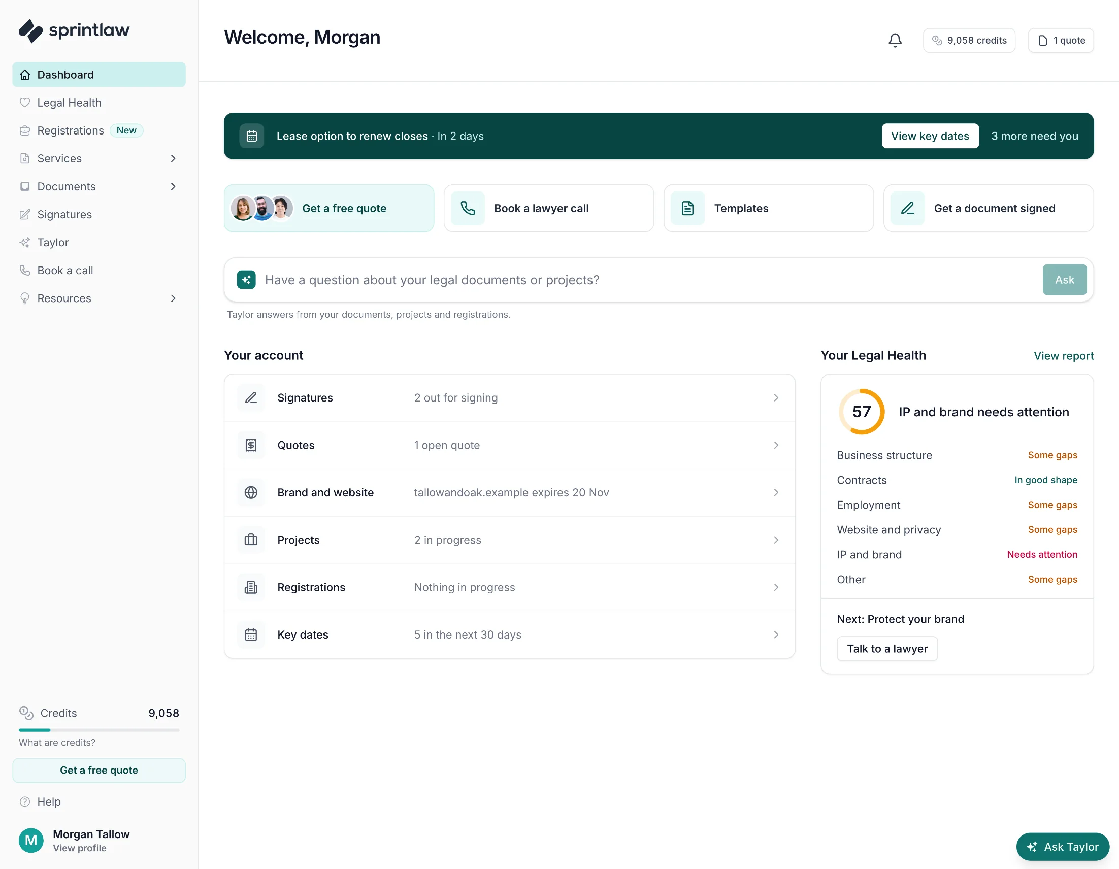 Sprintlaw platform dashboard
